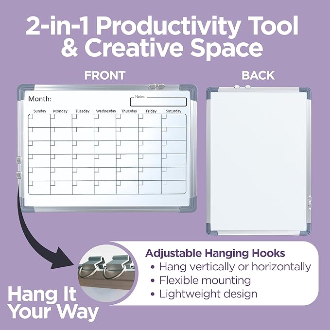 Large White Board Calendar Dry Erase Planner -Dual Side Magnetic Whiteboard for Fridge -Family Calendar Planning Boards w/Movable Hooks - Monthly Whiteboard with Lines, Memo, Pens & Eraser (16x12)