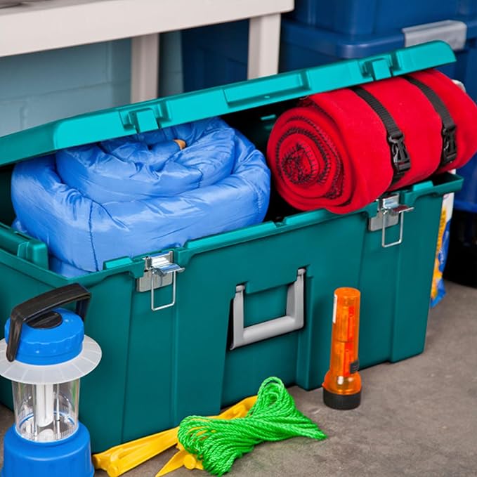 Sterilite 4-Pack Footlocker, Lockable Plastic Utility Storage Container Box, Teal - Heavy-Duty Organizing Containers for Home, Garage, Office, and Basement