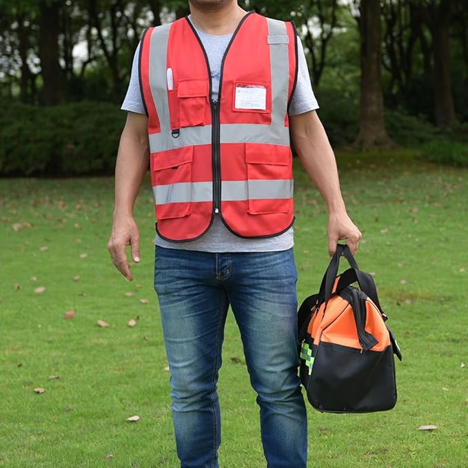 zojo High Visibility Safety Vests With Pockets, Wholesale Reflective Vest for Outdoor Works, Cycling, Jogging, Walking,Sports - Fits for Men and Women (Pack of 10, XL-Red)
