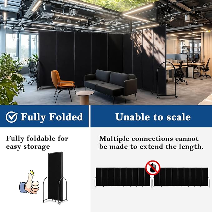 Folding Room Partition,Privacy Room Screen with Arms,Office Dividers Partition Wall,18'5"L* 6'7"H,Black