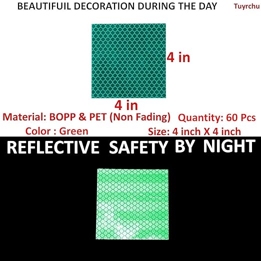 Green Reflective Stickers 4 inch X 4 inch, Outdoor Waterproof High Visibility Warning Safety Adhesive Reflector Tape (60 Pcs)