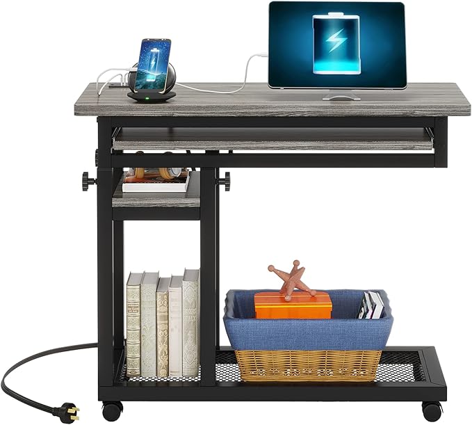 Tribesigns Small Portable Desk with Power Outlet, Height Adjustable Sofa Couch Bedside Laptop Table with Wheels, Mobile Standing Desk Rolling Computer Cart C Side Table with USB Ports