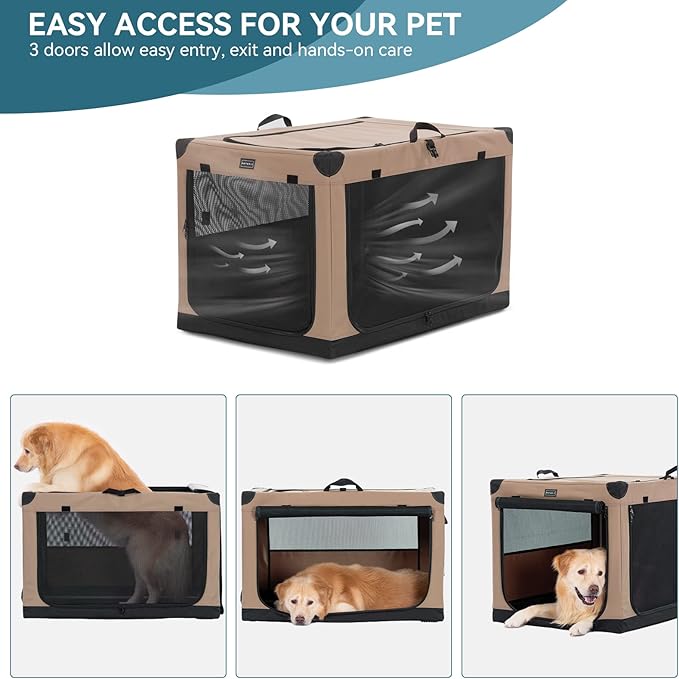 PETSFIT Collapsible Dog Crate, Portable Dog Crate-36 Inch Lightweight, Easy Setup, Sturdy, Adjustable Framework with 3 Mesh Door, Soft Dog Kennel Indoor Khaki
