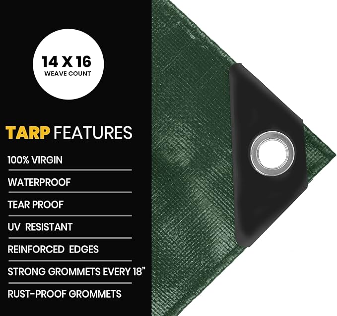 PROTARP Extra Heavy Duty 16 Mil Tarp Cover, Waterproof, UV Resistant, Rip and Tear Proof, Poly Tarpaulin with Reinforced Edges for Roof, Camping, Patio, Pool, Boat. (Green/Black 16′ X 20′)