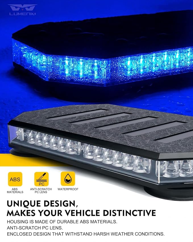 LUMENIX 42 LED Roof Top Strobe Beacon Light Bar Hazard Warning Emergency Flashing Police Cop Lights with Controller for First Responders Volunteer Firefighter POV Vehicles Trucks Blue (Patent Design)