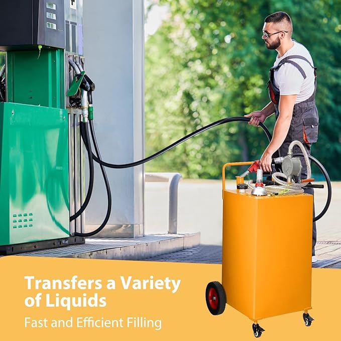 35 Gallon Fuel Caddy with Manual Pump, Heavy Duty Portable Gas & Diesel Transfer Tank on 4 Wheels, Spill-Proof Container for Truck, Tractor, Boat, ATV, Farm,Orange