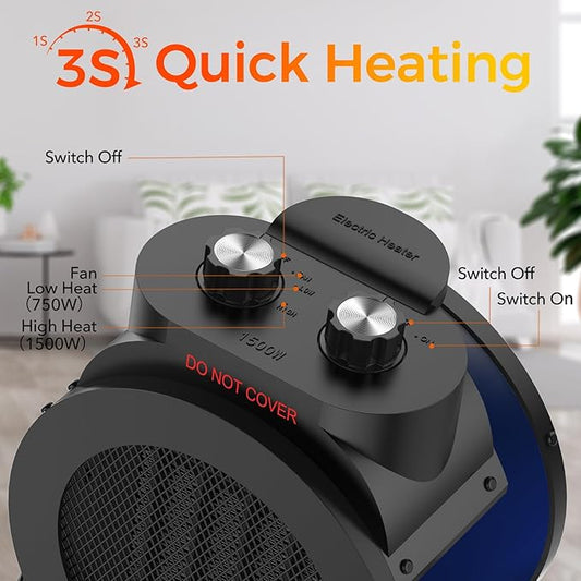 1500W Electric Space Heater with 90 Adjustable Angle, Overheat Protection, Heater for Garage, Office, Indoor Use