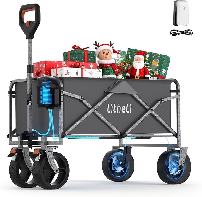 Litheli Electric Collapsible Wagon Cart with Brakes, 100L Grocery Cart with Wheels,Easy to Carry Folding Wagon for Camping, Gardening, Shopping（Grey with 1 Battery）