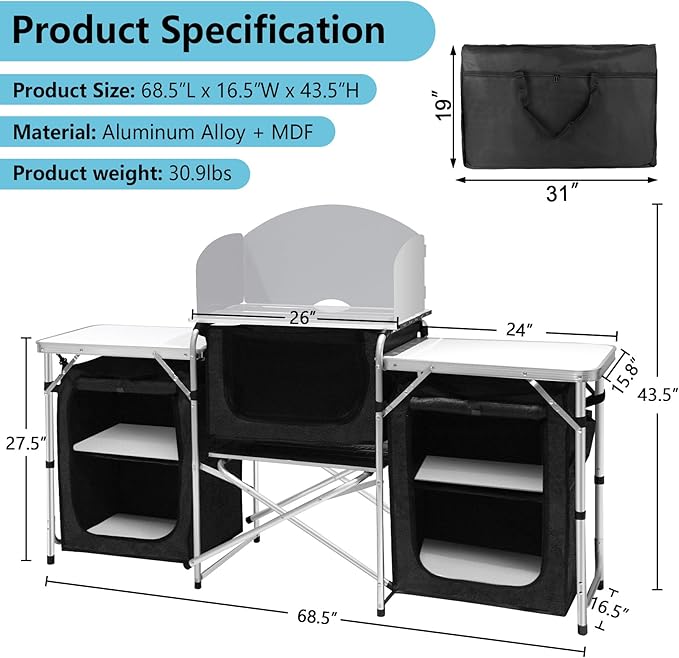 Seeutek Camping Kitchen Table, Aluminum Portable Outdoor Cooking Table Foldable Camp Table with Windscreen and 3 Storage Cupboards Multifunctional for BBQ, Party, Picnics & Outdoor Activities Black