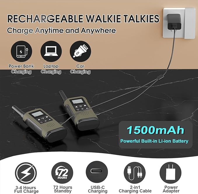 Walkie Talkies Long Range for Adults-2 Pack Rechargeable Walkie Talkies 22 FRS Channels 2-Way Radios with NOAA Weather Alert,VOX,Flashlight and 1500mAh Li-ion Battery for Family Camping Hiking