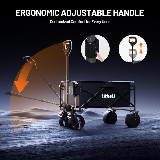 Litheli Electric Collapsible Wagon Cart Foldable, 100L Portable Folding Wagon Cart with Wheels, Outdoor Lightweight Utility Carts for Beach Grocery Camping Shopping and Dual Port Charger