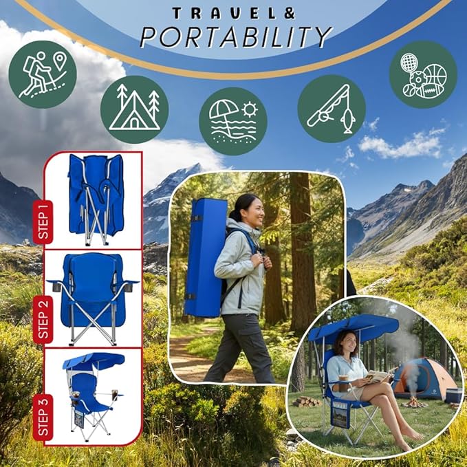 Portable Folding Camping Chairs with Canopy Shade, Beach Chair for Adults, Durable Weather Resistant 600D Oxford Cloth, Camping Chair with Canopy for Outdoors [Blue-2 Pack]