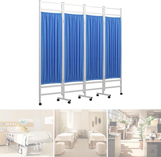 Medical Privacy Screen on Wheels, Foldable Medical Room Divider with Lockable casters, Waterproof Nylon Panel, Portable Privacy Screen for Room, Easy to Clean (Blue 4 Panels)