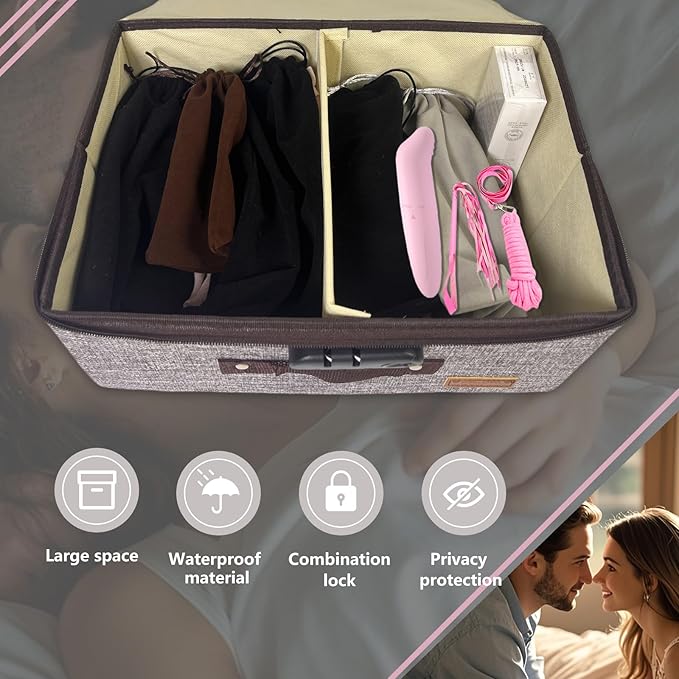 Locking Adult Game Toy Storage Organizer Lock Box Toy Storage Bins Game Toys Storage Bags with 2 Drawstring Bags, Large capacity 14 x 10 x 6.3 Inches (Gray with lock slot)