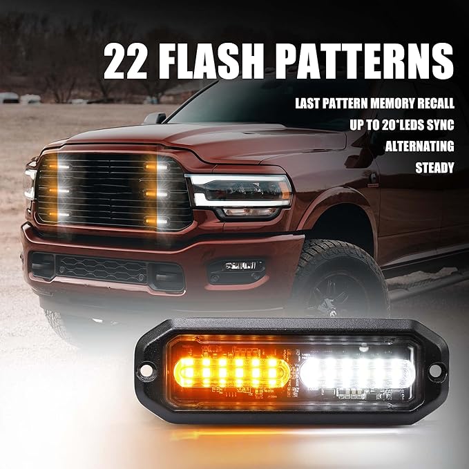 WINECO Amber/White LED Strobe Lights Kit - 8pcs 12-LED Flashing Emergency Warning Lights for Trucks, Cars and Vehicles