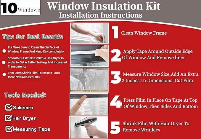 10-Window Shrink Film Window Insulation kit（62-Inch x 420-Inch），Insulating Film Window Kit Keeps Cold Air Out and Warm Air in (10 Windows)