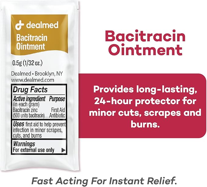 Dealmed Bacitracin Ointment – First Aid Antibiotic Pain Relieving Ointment for Minor Cuts, Scrapes, and Burns, 144 Packets/Box (.5g) - Case of 12