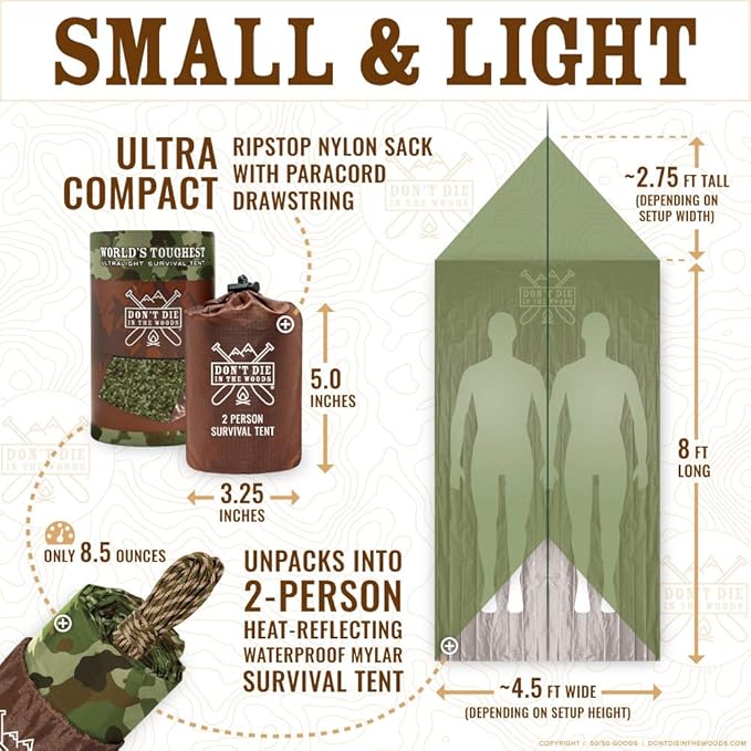 Don't Die In The Woods - Survival Tent - Made with Extra-Thick Space Blanket Thermal Mylar - Emergency Shelter Tube Tent - One of The 10 Essentials for Hiking, Camping, First Aid Kits
