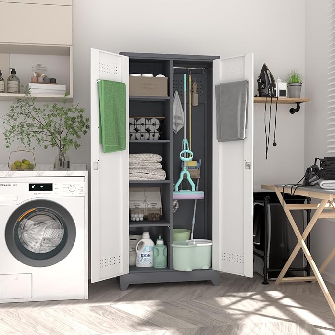 Metal Garage Storage Cabinets,Garage Tool Storage Cabinets with Lock,Locking Cabinet with Hanging Rod & S-Hooks for School,Gym,Grey-White