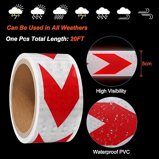 PATIKIL Reflective Tape, 2 Inch x 20 ft Waterproof Self Adhesive High Visibility Safety Warning Arrow Tape Outdoor Reflectors for Trucks Trailers Cars, White Red
