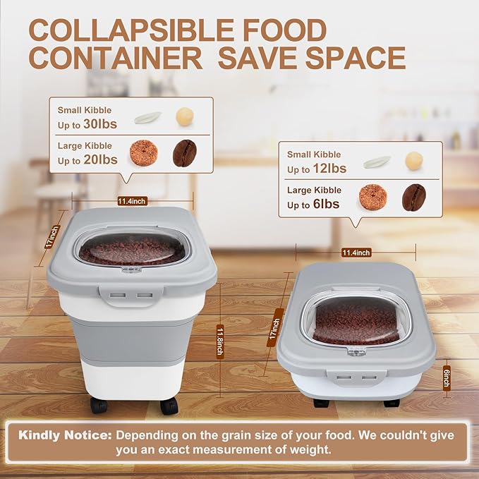 Dog Food Storage Container, 10-20lbs Collapsible Dog Cat Food Containers with Airtight Clear Flip-top，Rolling Wheel and Pet Food Scoop, Pet Food Storage Container Bin for Dog Cat Bird Pets