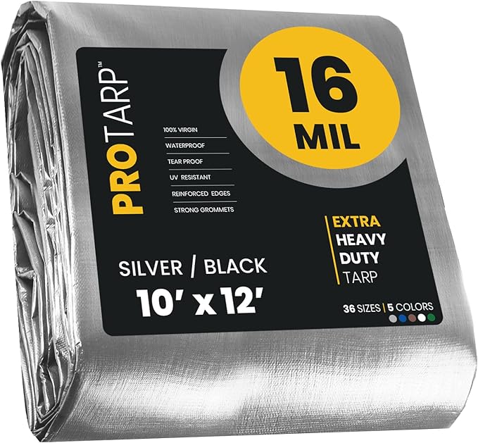 PROTARP Extra Heavy Duty 16 Mil Tarp Cover, Waterproof, UV Resistant, Rip and Tear Proof, Poly Tarpaulin with Reinforced Edges for Roof, Camping, Patio, Pool, Boat. (Silver/Black 10′ X 12′)