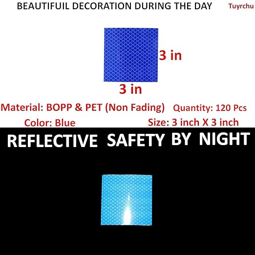 Blue Reflective Stickers 3 inch X 3 inch, Outdoor Waterproof High Visibility Warning Safety Adhesive Reflector Tape (120 Pcs)