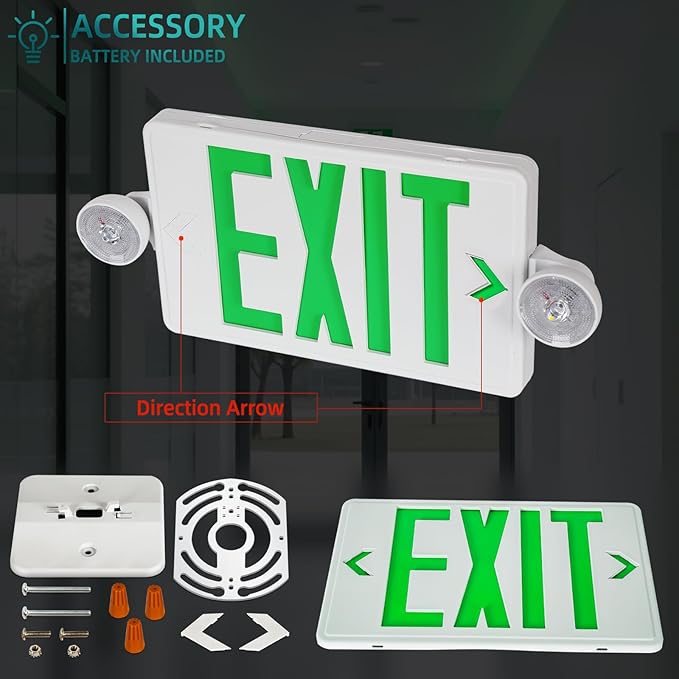 Exit Sign with Emergency Light, Ultra Slim,Green LED Exit Light, Exit Signs With Battery Backup, 2 Adjustable Emergency Lighting, Hardwired 120V/277VAC, UL-Listed, 4 Pack