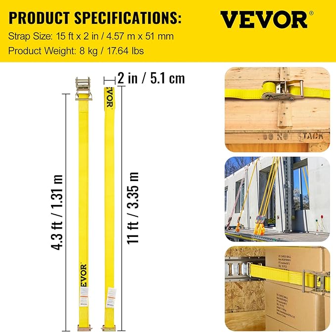 VEVOR E Track Ratchet Straps (18-Pack), 2" x 15'E-Track Straps 4400 LBS Breaking Strength, Polyester Webbing & Spring Fitting & Ratchets, Durable Tie-Downs for Tires Motorcycles Trailers Loads Yellow