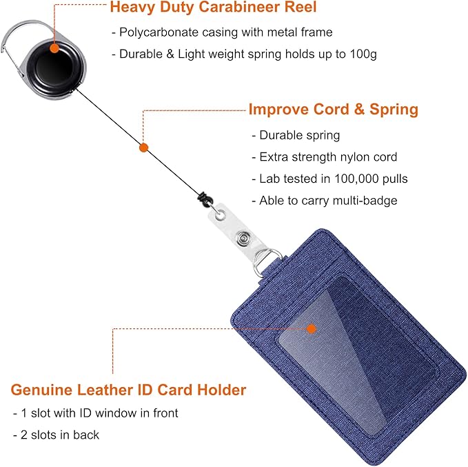 Life-Mate Badge Holder - Leather ID Badge Card Holder Wallet Case with 3 Cards Slot and Neck Lanyard/Strap. Additional Retractable Badge Reel with Belt Clip (Dark Blue, Linen Finish)