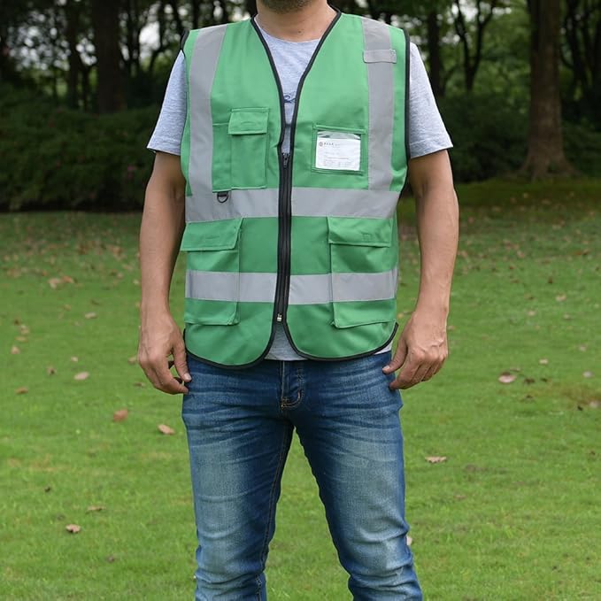 zojo High Visibility Safety Vests With Pockets, Wholesale Reflective Vest for Outdoor Works, Cycling, Jogging, Walking,Sports - Fits for Men and Women Pack of 10 (XXL-Green)