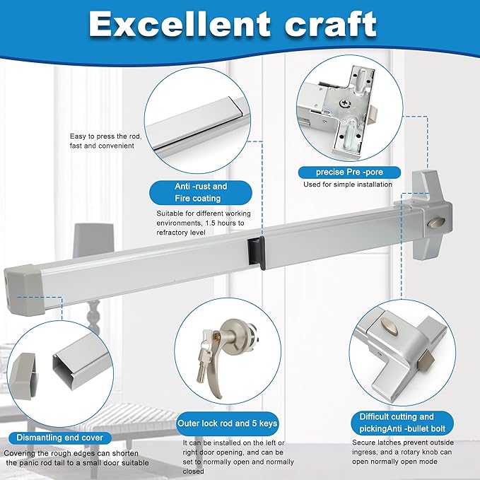 Push Bar Panic Exit Device - 27.5" Long, with Exterior Lever, Commercial Door Lock for 28-41" Wood/Metal Exit Doors