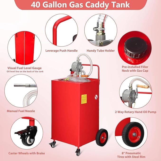 40 Gallon Fuel Caddy with Manual Pump, Heavy Duty Portable Gas & Diesel Transfer Tank on 4 Wheels, Spill-Proof Container for Truck, Tractor, Boat, ATV, Farm,Orange