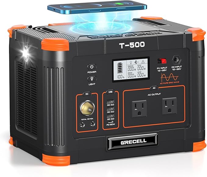 GRECELL Portable Power Station 500W, 519Wh/140400mAh Solar Generator Backup Lithium Battery Pack Power Supply with 2 AC Outlets, PD 60W USB-C Power bank for Outdoor RV Camping Home Outage Emergency