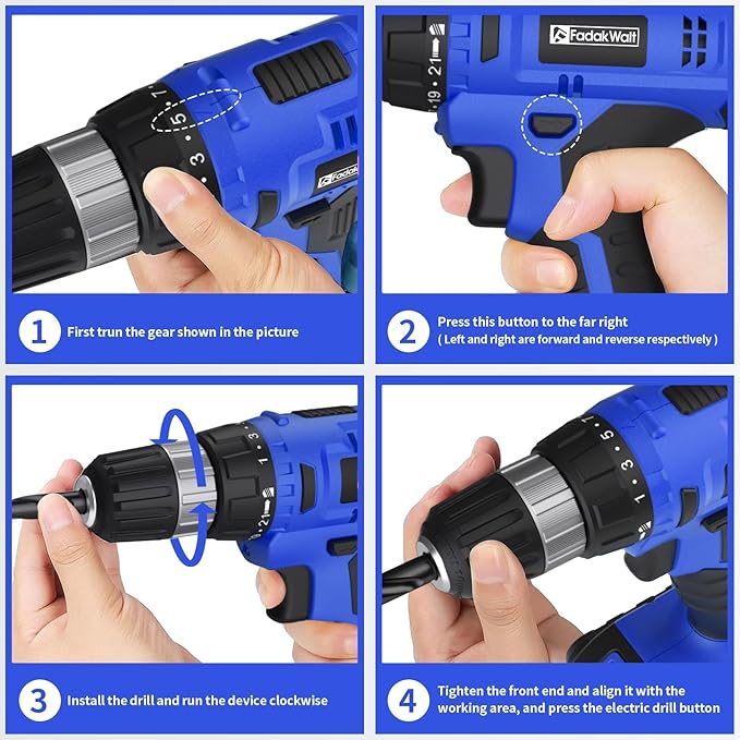 FADAKWALT 20V Electric Drill Set with Battery and Charger, 30N Torque, 21+1 Settings, 3/8-Inch Keyless Chuck, LED Electric Drill Set (Blue)