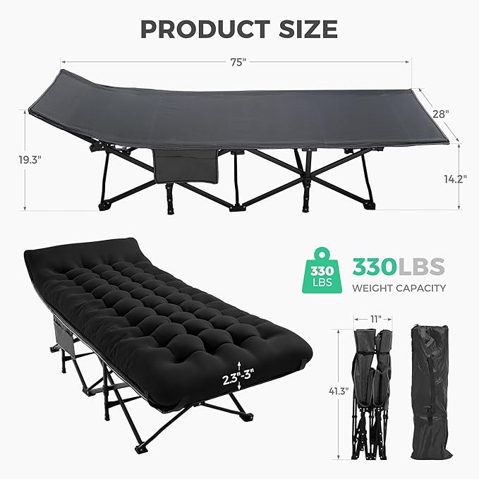 JEAREY 2-Piece Folding Camping Cot for Sleeping, Heavy Duty Camping Cots for Adults with Mattress, 1200D Double Layer Oxford Portable Folding Cot with Carry Bag for Guest, Travel, Hiking, Black