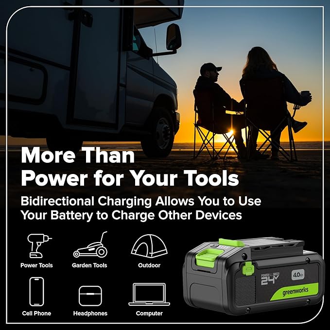GREENWORKS 24V (5-TOOL) Combo (Drill + Impact Driver + Circular Saw + Multi-Tool + Flashlight), 4.0Ah + 2.0Ah (24,000mAh Power Bank) Batteries, (2) Cables, 65W Rapid Charger