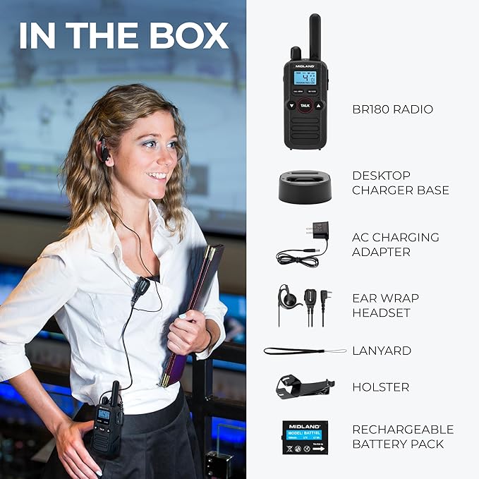 Midland BR180 BizTalk - UHF Business Two-Way Radio – 1W, 56 Channels, Headset, Desktop Charger, Rechargeable Battery – for Warehouse & Hospitality (1-Pack)
