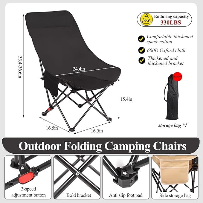 Outdoor Folding Camping Chairs 2 Pack，3-Stage Adjustable High Back Chair – Supports 660 lbs，Comfortable Thickened Sponge Cushion 600D Oxford Fabric Portable with Storage Bag & Side Pocket (Black)