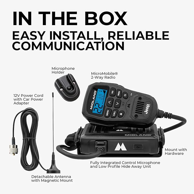 Midland® - MXT275® Jeep Branded MicroMobile GMRS Radio - 15 Watts Two-Way Radio with Integrated Control Microphone - Overland Tractors Detachable External Magnetic Mount Antenna - 8 Repeater Channels