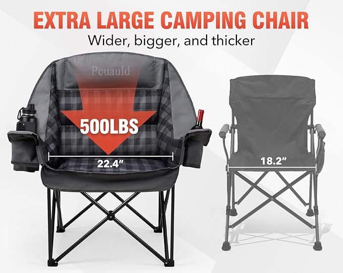 2 Pack Oversized XL Camping Chair for Adults, Heavy Duty Padded Folding Camp Chairs with Cup Holder, Supports 500lbs, Large Outdoor Widen Comfy Lawn Chairs for Tailgating Sports Beach Yard