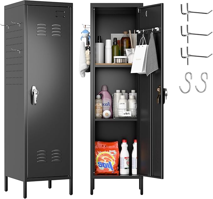 Lockable Metal Lockers with Handle,Metal Storage Locker with 2 Pegboard & 5 Hooks for Home,Office,School,Black,Required Assembly