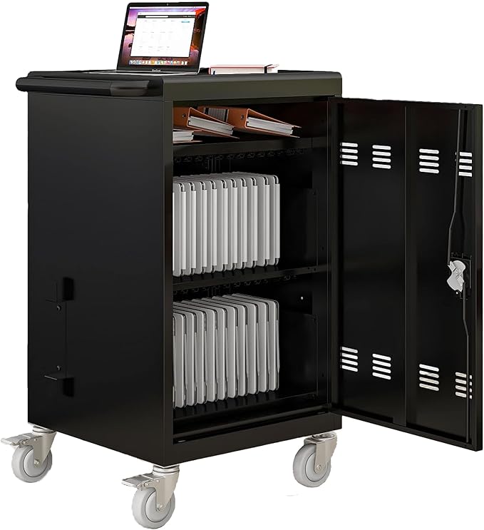 30-Device Mobile Charging Cart with Charging Power Strip and Front and Rear Access Locks, Cable Management, Up to 17"", Safe Charging Cabinet for Ipads, Chromebooks, Tablets, Laptops Black