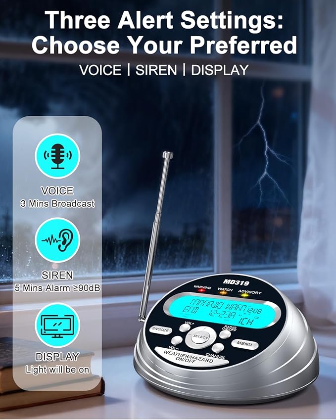 MD319 NOAA Weather Alert Radio with S.A.M.E Localized Programming, 23 County Codes & 80+ Emergency Alerts, Battery Backup, Alarm Clock, External Antenna and Warning Light for Home & Emergency
