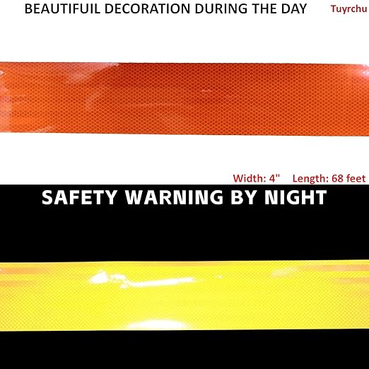 Non Fading Reflective Tape Orange Outdoor Waterproof 4 inch Wide, High Visibility Safety Warning Reflector Sticker Strips (68 feet)