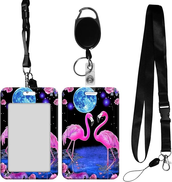 ID Badge Holder with Retractable Lanyard for Women & Men,Vertical ID Card Holder Wallet,Clear Window&Card Slot,Detachable Neck Strap for Nurse Teacher Office,Pink Flamingos