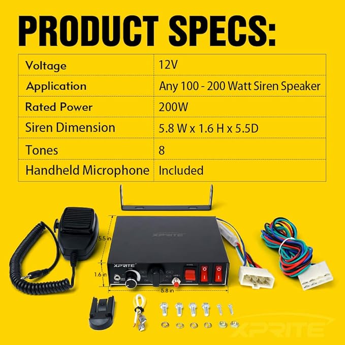 Xprite 200 Watt 8 Tones Emergency Warning Siren PA System Kit w/Handheld Microphone & Light Control Switches (Speaker Not Included)