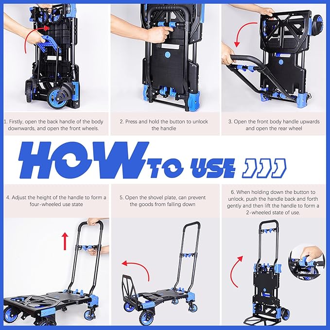 Folding Hand Truck, 2 in 1 Portable Heavy Duty Carrying Moving Dolly Cart with 4 Foldable Wheels and Retractable Handle Duty 330lbs (Blue)