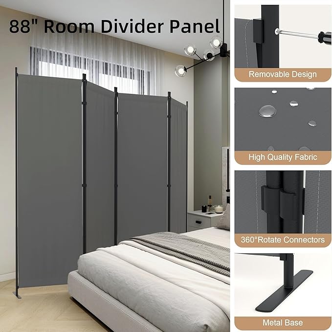 Privacy Screen Room Divider as Dressing Screen 4 Panel Wall Room Divider with 3 Wider Feet Portable Wall 6FT Partition Wall for Office Dining Room Children's Separate Rooms,Grey