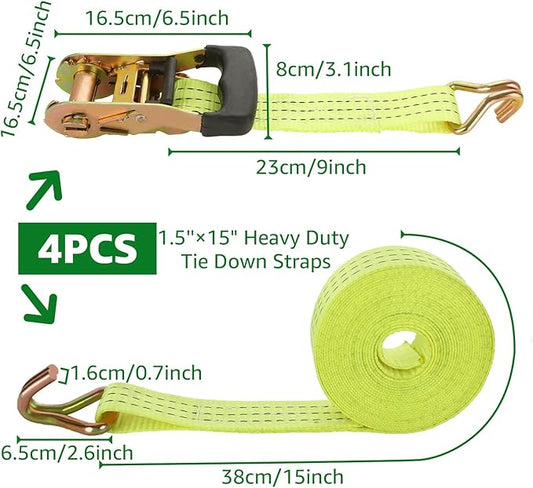 HNBun4 Pack Ratchet Tie Down Straps, 1.5 Inch x 20 Feet, 4,400 lbs Break Strength, Heavy Duty Cargo Lashing Straps with Double J Hooks for Moving, Trailer, Motorcycle, Orange